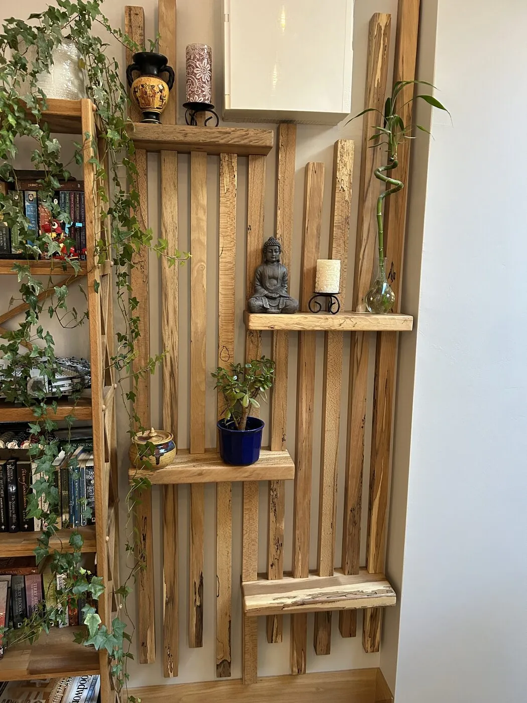Custom spalted beech wall shelving unit
