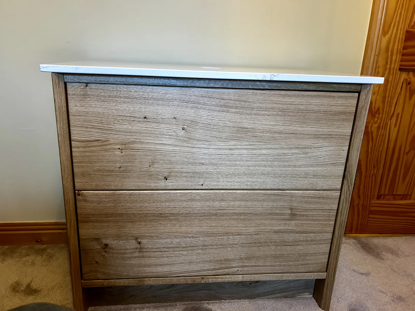 Handmade solid white oak bathroom vanity with quartz top